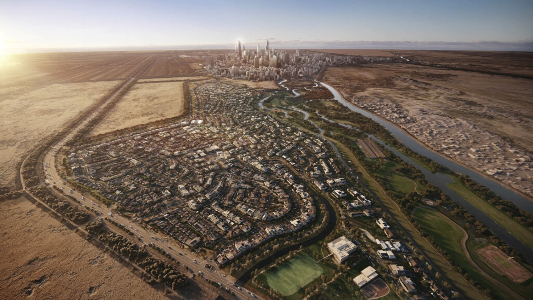 Aerial view of the future Craigieburn West precinct at dusk
